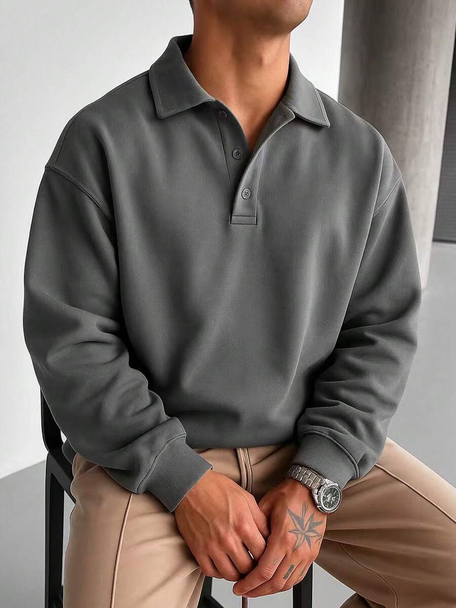 Men’s Polo Collar Shirt – Loose Fit Long Sleeve Business Casual Top