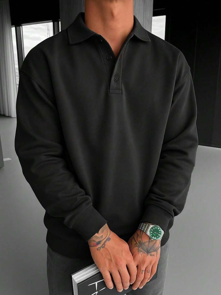 Men’s Polo Collar Shirt – Loose Fit Long Sleeve Business Casual Top