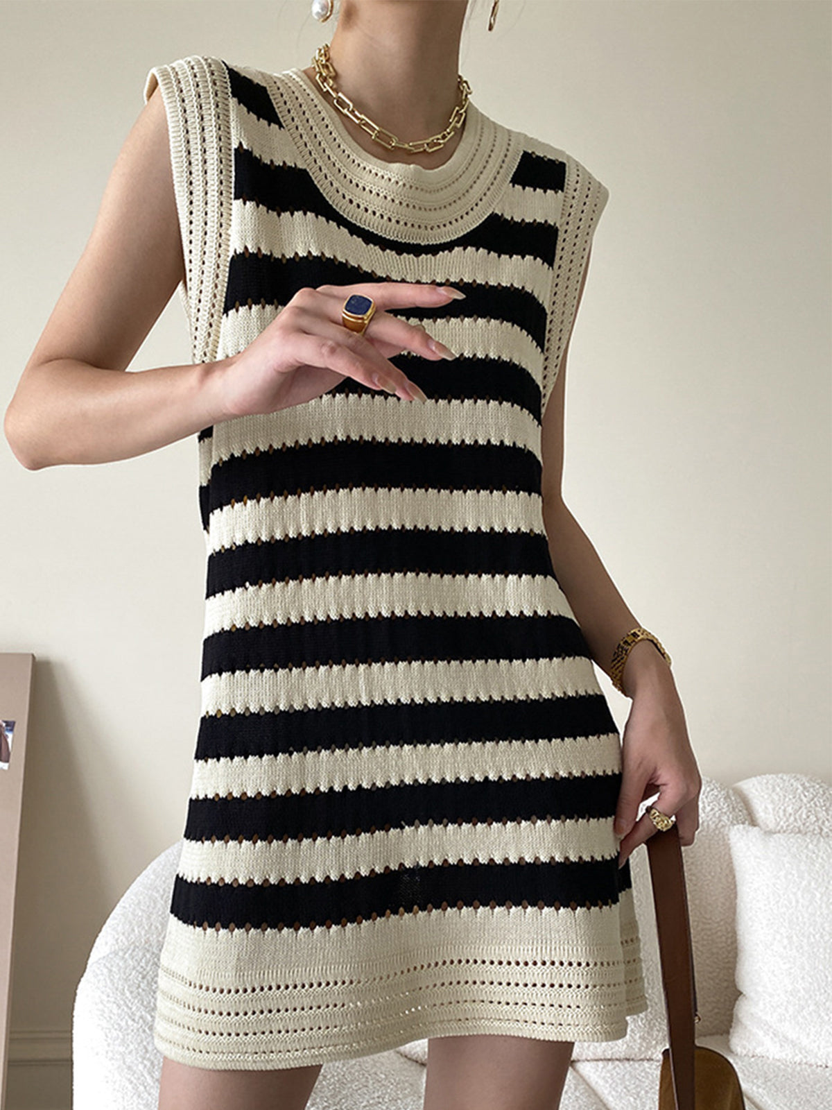 Stargrace Eyelet Stripe Knit Short Dress