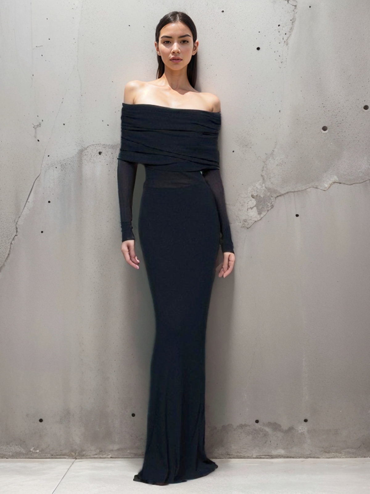 Strahlendes, halbtransparentes, schulterfreies, langärmliges Netzkleid