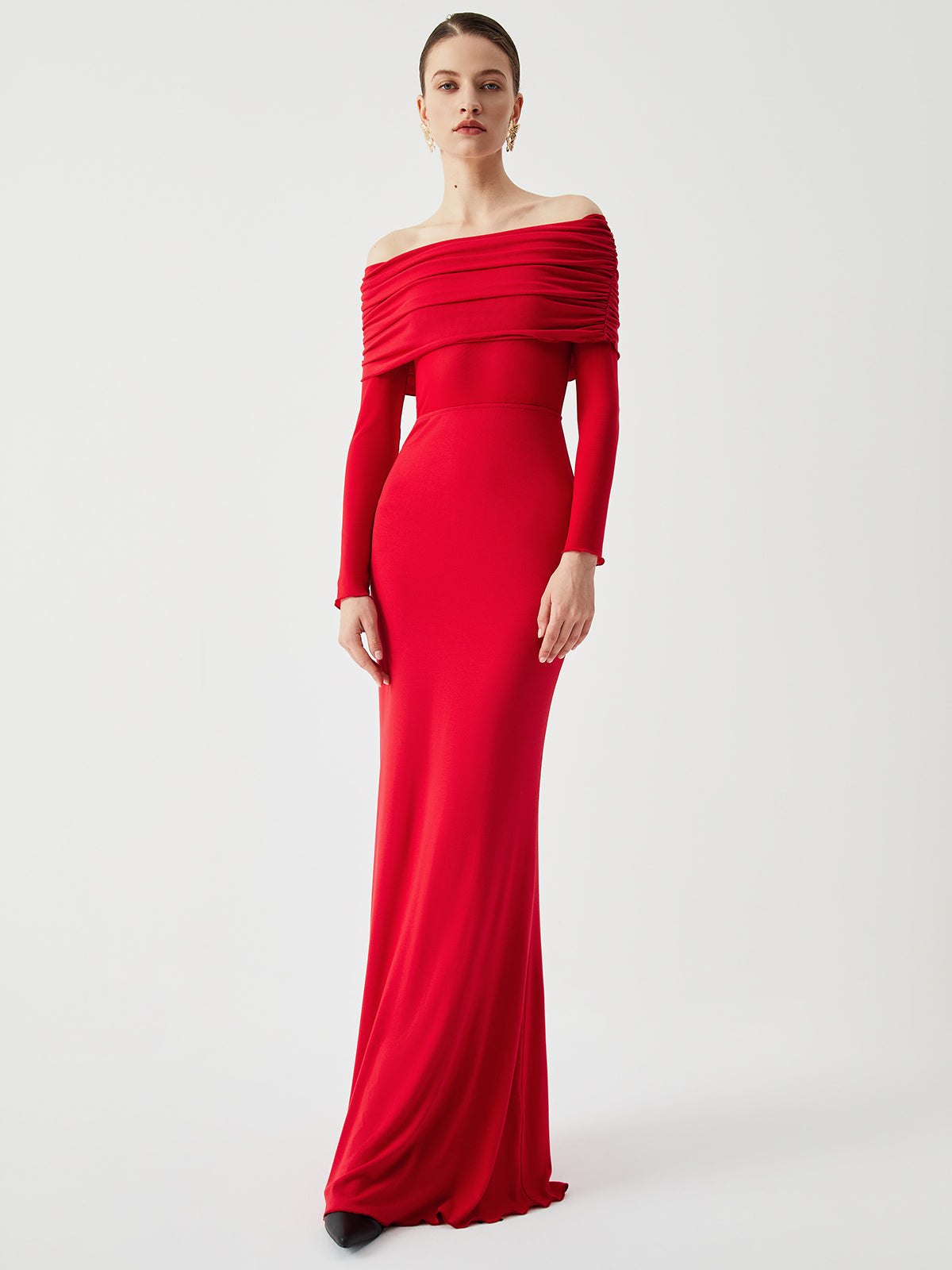 Strahlendes, halbtransparentes, schulterfreies, langärmliges Netzkleid