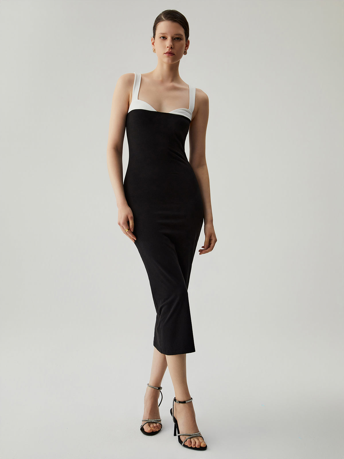 Silk Bodycon Patchwork Sweetheart Collar Cami Midi Dress