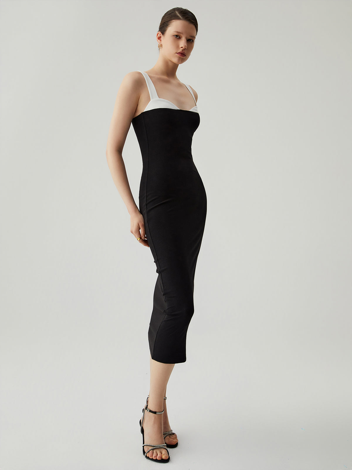 Silk Bodycon Patchwork Sweetheart Collar Cami Midi Dress