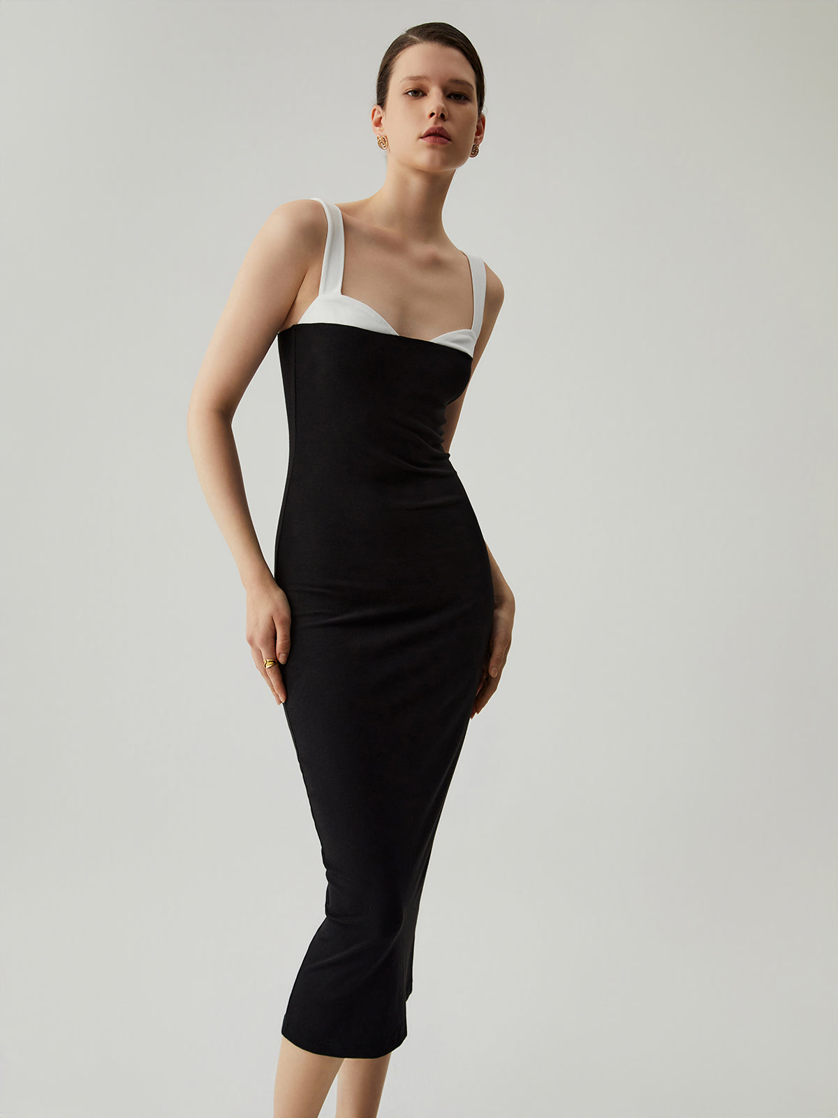 Silk Bodycon Patchwork Sweetheart Collar Cami Midi Dress