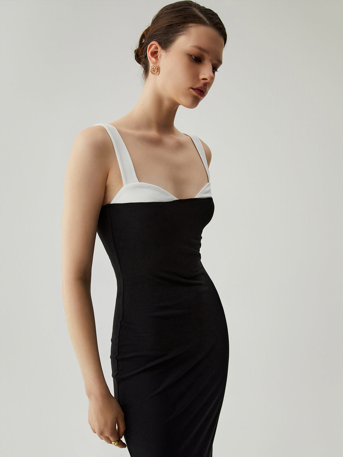 Silk Bodycon Patchwork Sweetheart Collar Cami Midi Dress