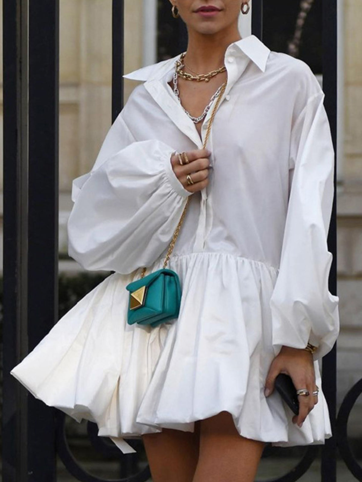 Seraphim Pleated Long Sleeve Button Up Collar Mini Dress