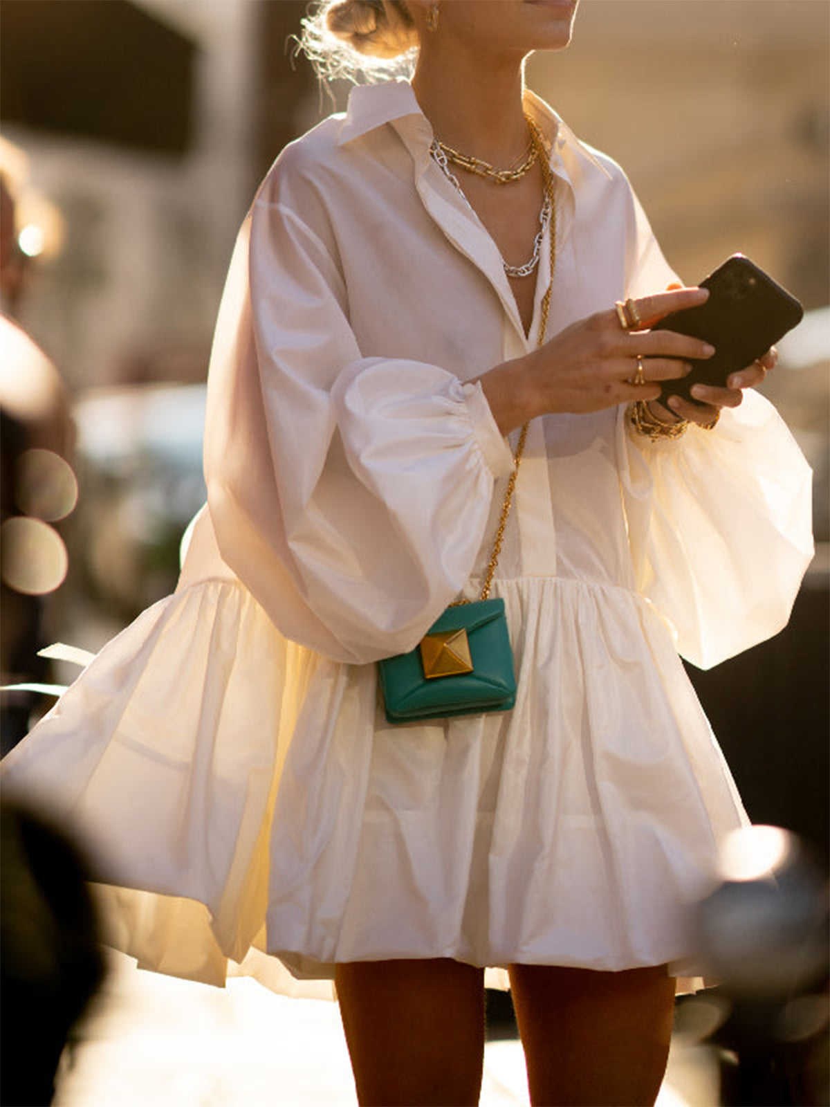 Seraphim Pleated Long Sleeve Button Up Collar Mini Dress