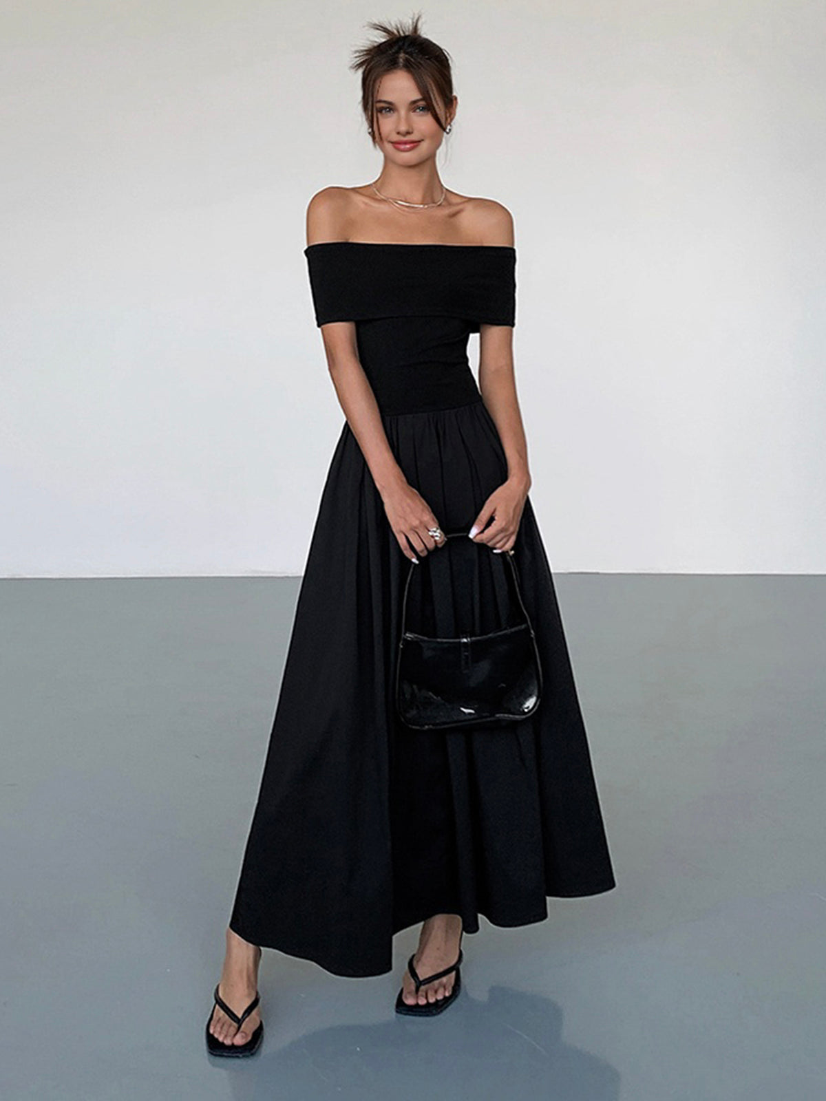 SolŽa Frenchy – Langes, einfarbiges, schulterfreies Kleid