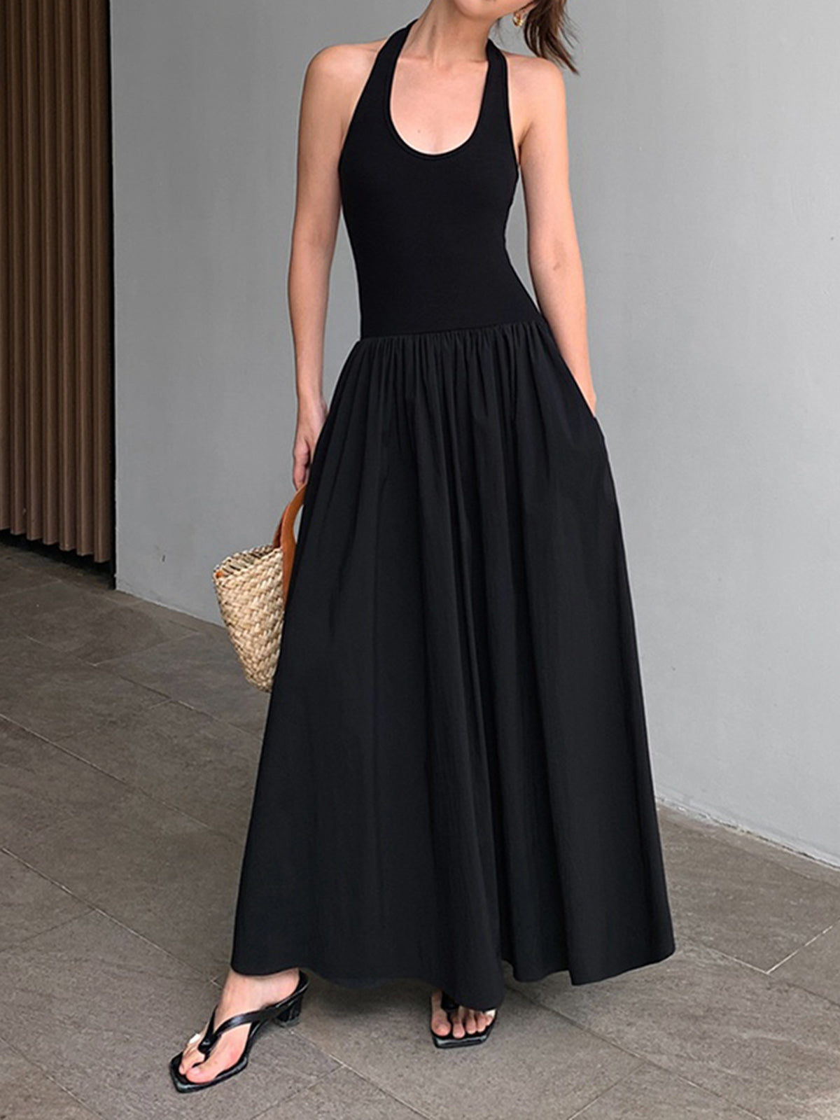 Aetheral Minimalistisk Halter Backless Lång Klänning