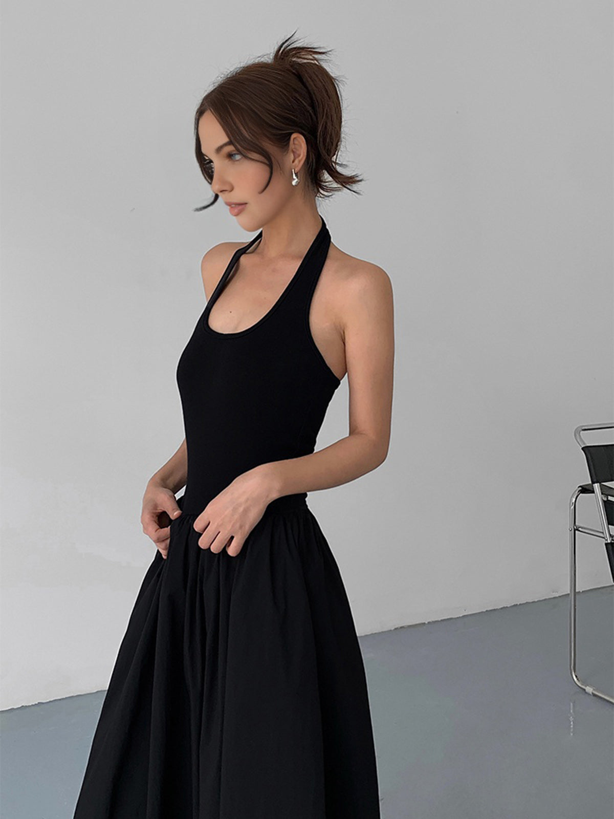 Aetheral Minimalistisk Halter Backless Lång Klänning
