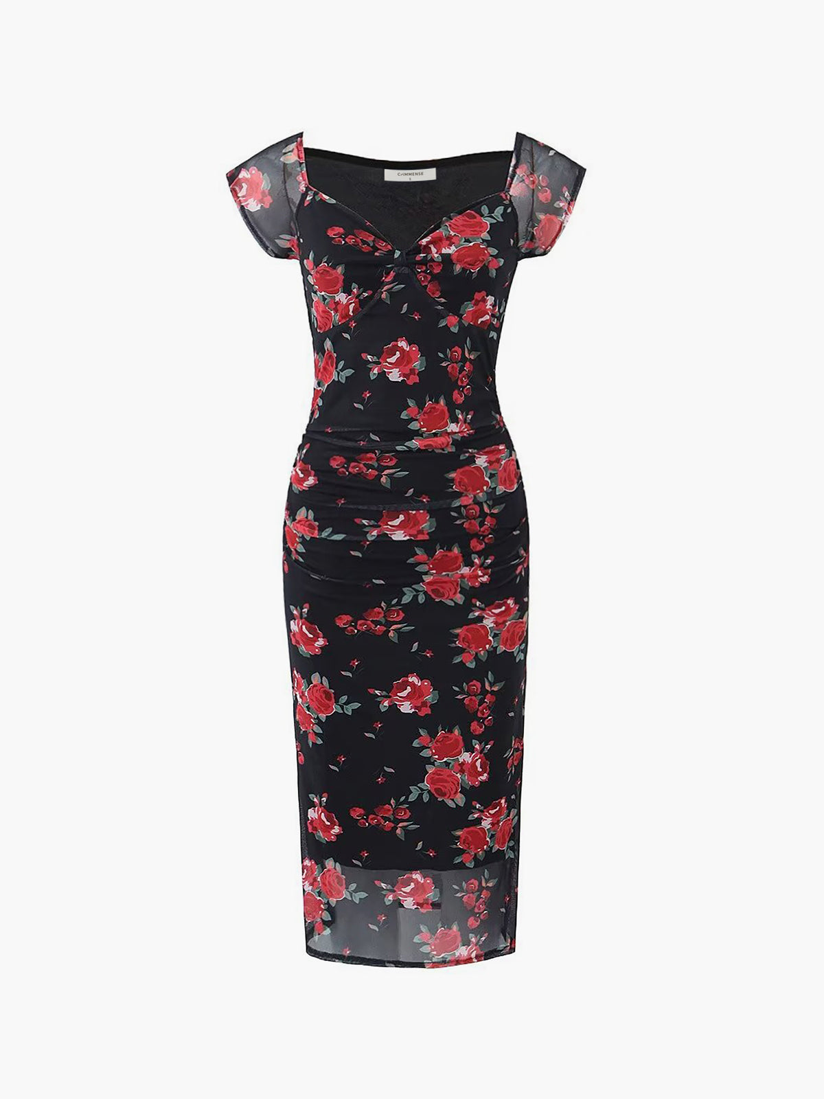 Thelvys Semi-Sheer Floral Print Ruched Side Midi Dress