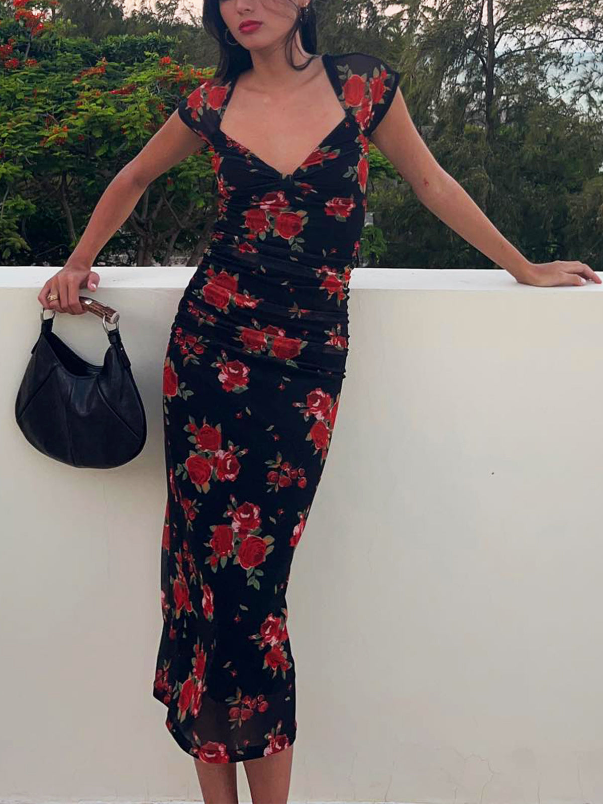 Thelvys Semi-Sheer Floral Print Ruched Side Midi Dress