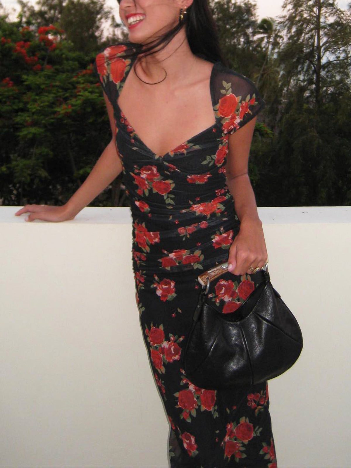 Thelvys Semi-Sheer Floral Print Ruched Side Midi Dress