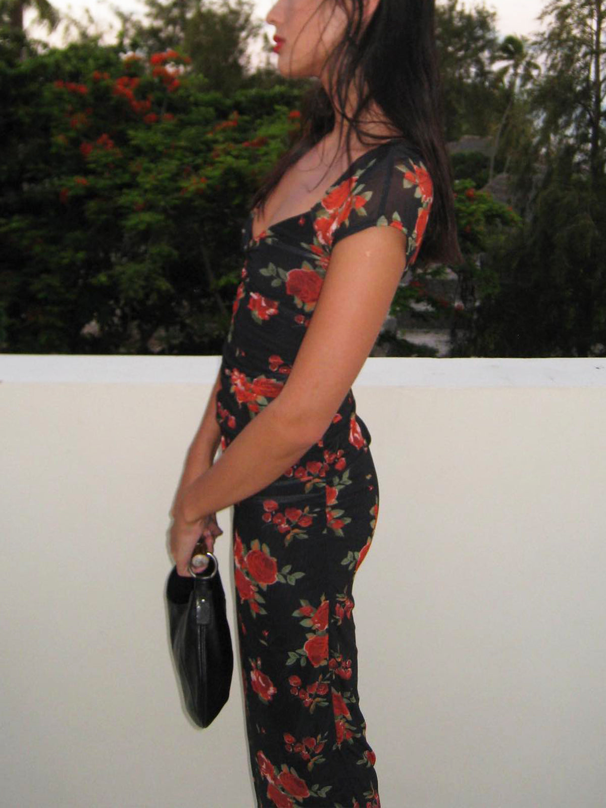 Thelvys Semi-Sheer Floral Print Ruched Side Midi Dress