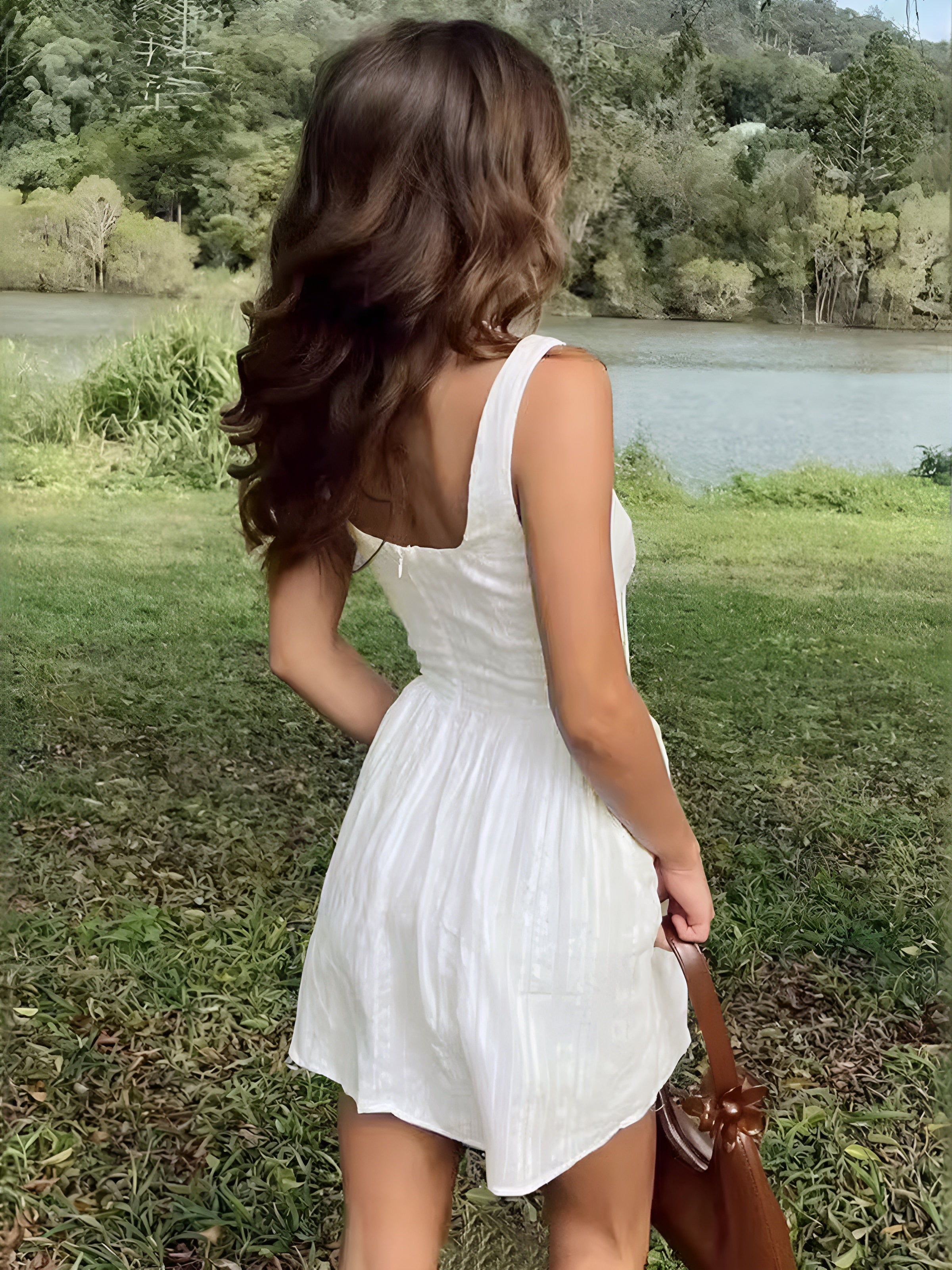 Kelviel Semi-Sheer Solid Square Neckline Short Dress