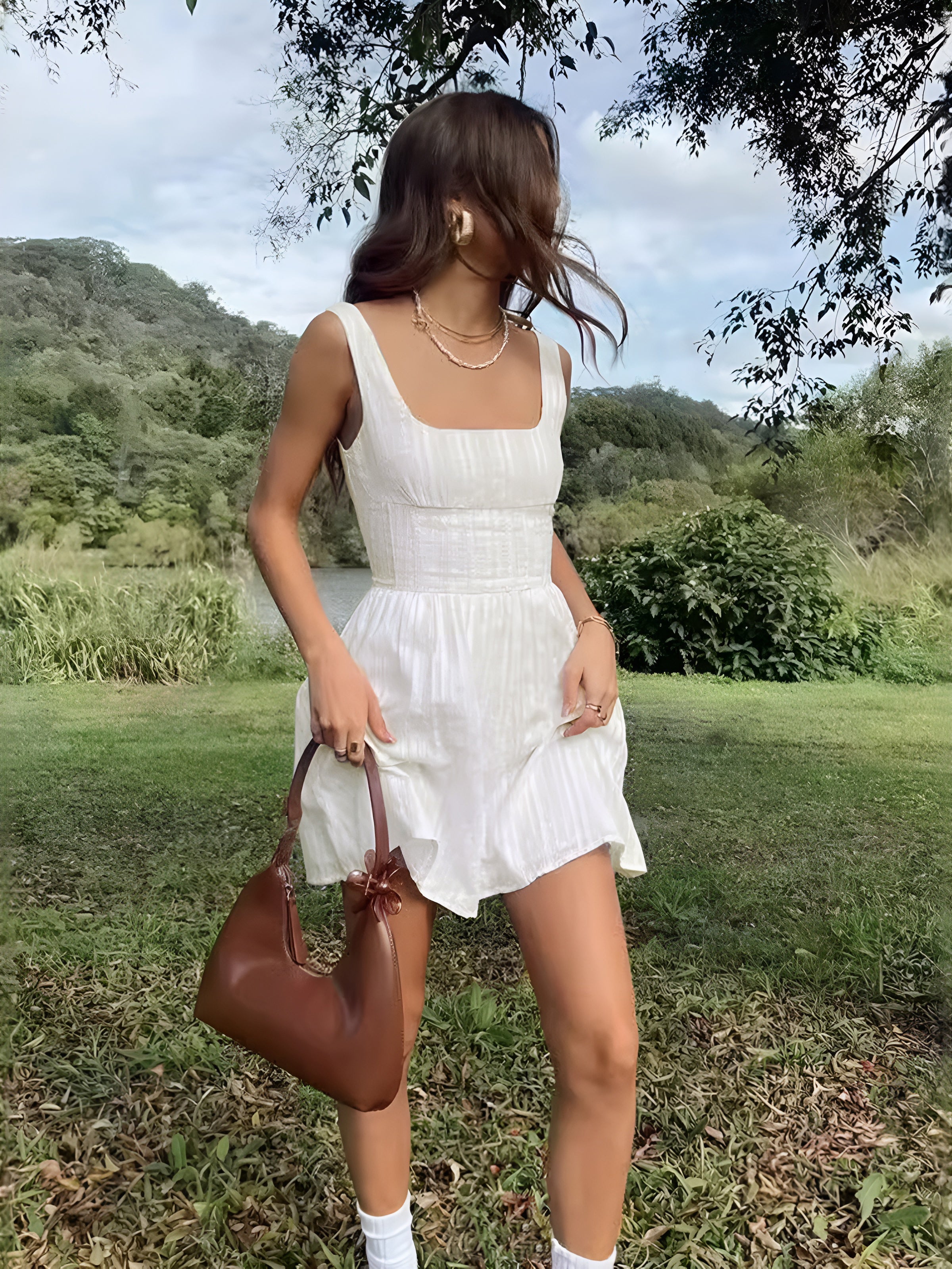 Kelviel Semi-Sheer Solid Square Neckline Short Dress