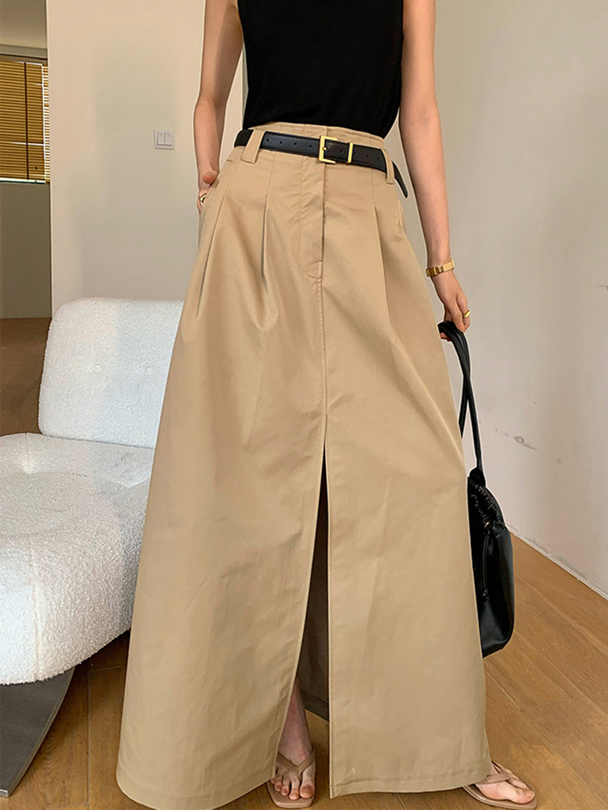 Savise Oversized Cotton Split Maxi Skirt Without Belt