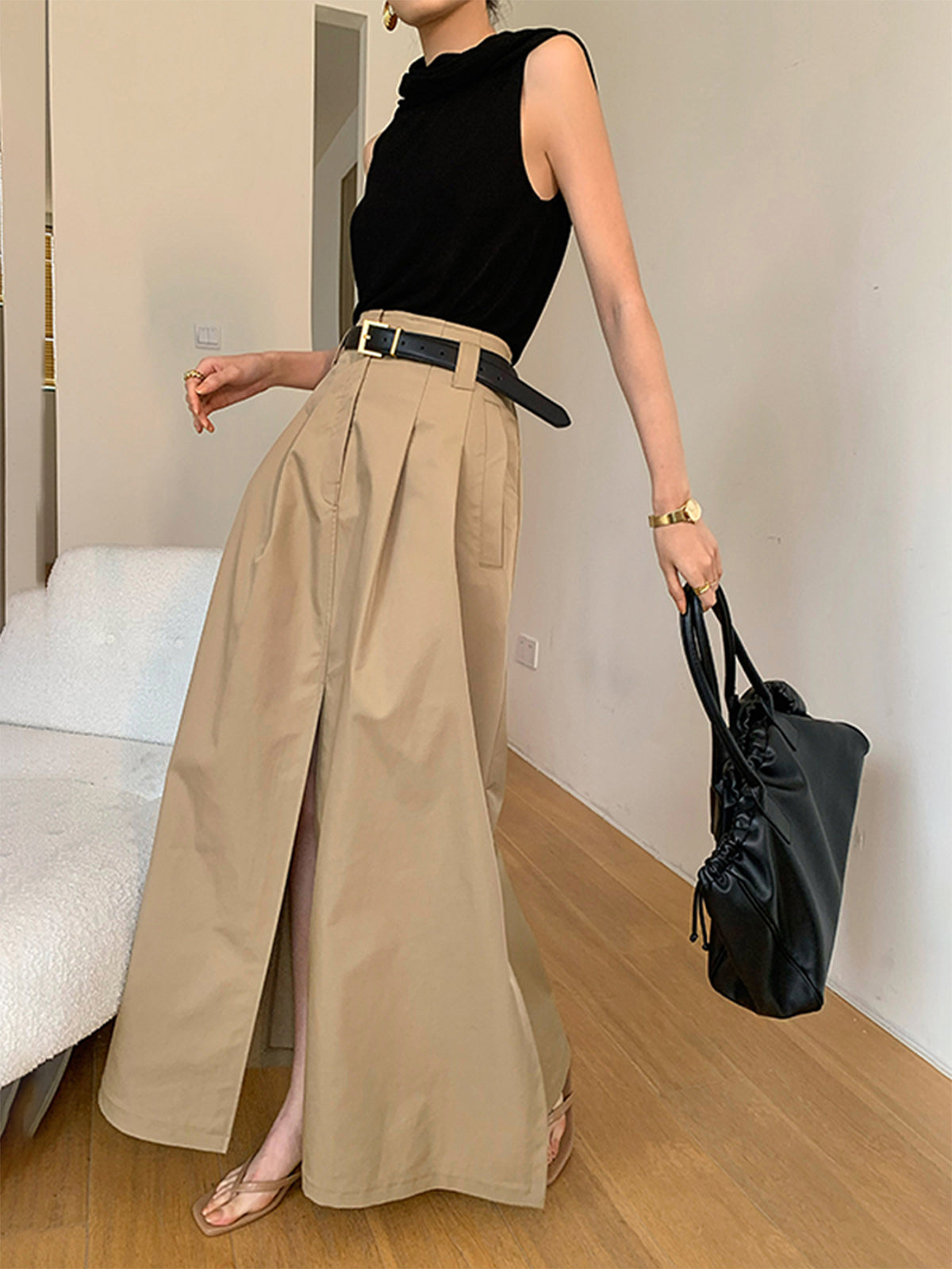 Savise Oversized Cotton Split Maxi Skirt Without Belt