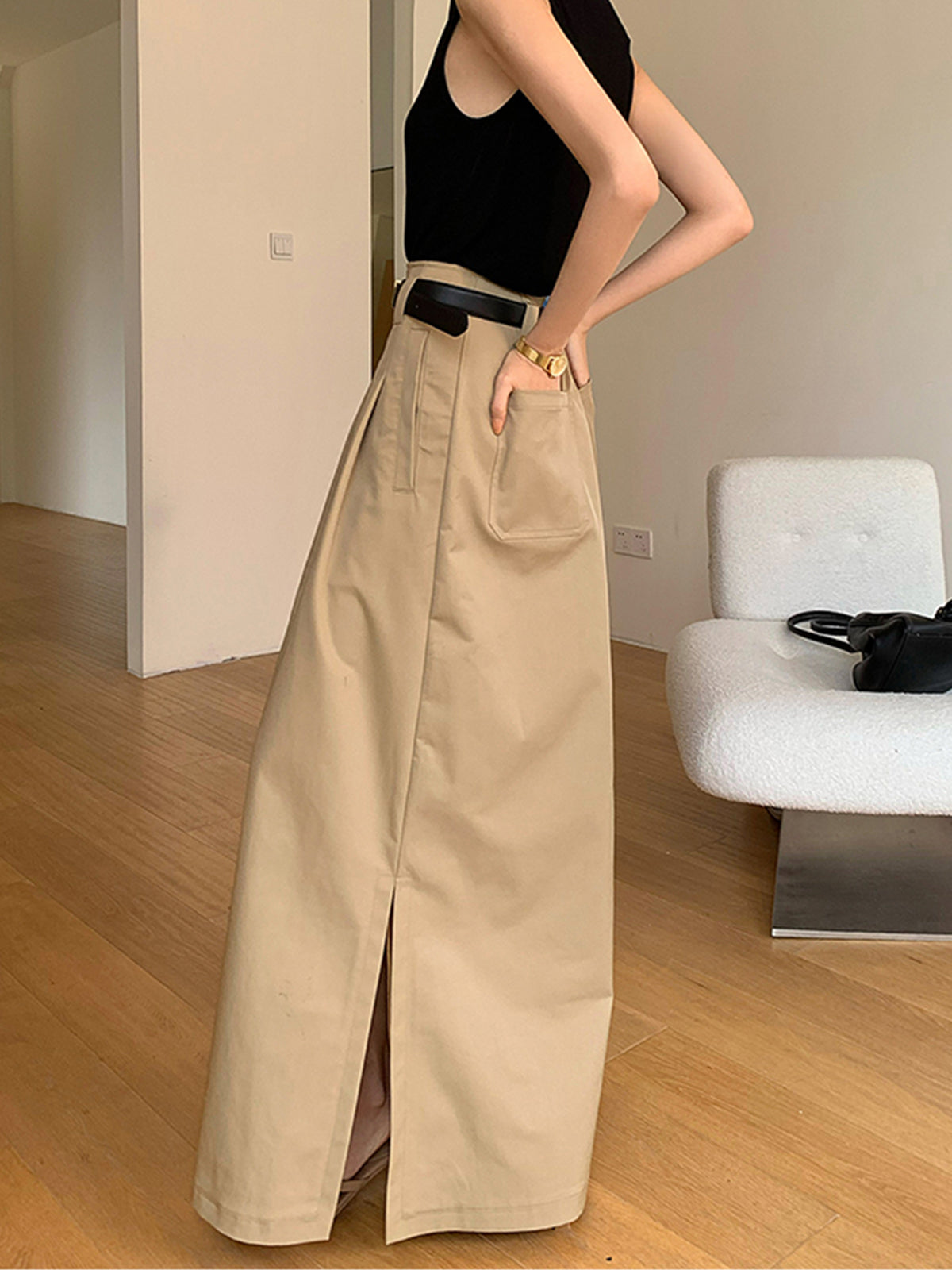 Savise Oversized Cotton Split Maxi Skirt Without Belt