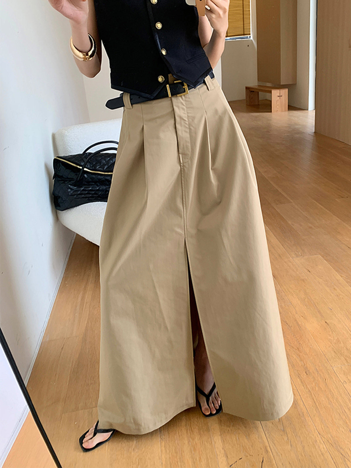 Savise Oversized Cotton Split Maxi Skirt Without Belt