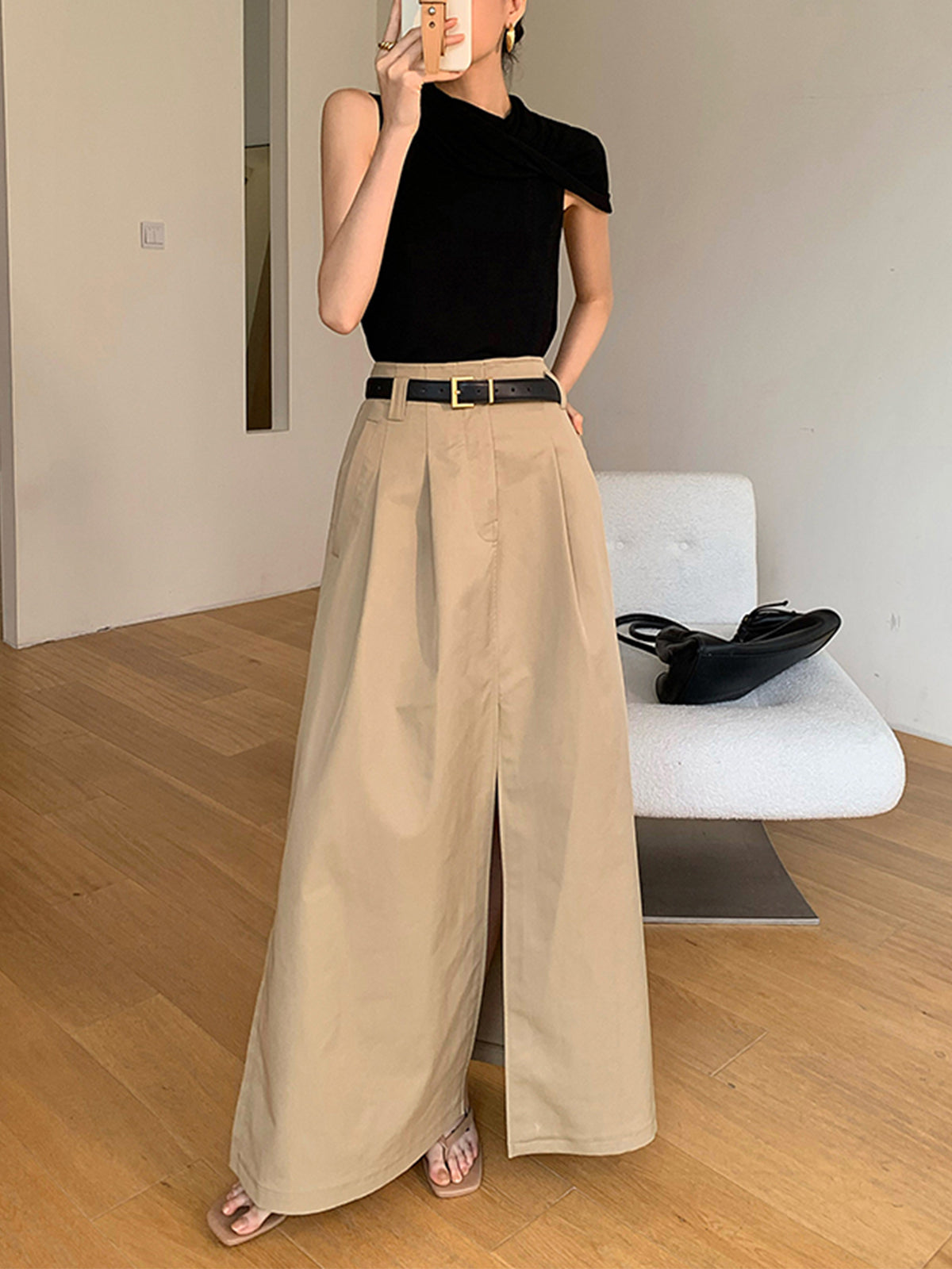 Savise Oversized Cotton Split Maxi Skirt Without Belt