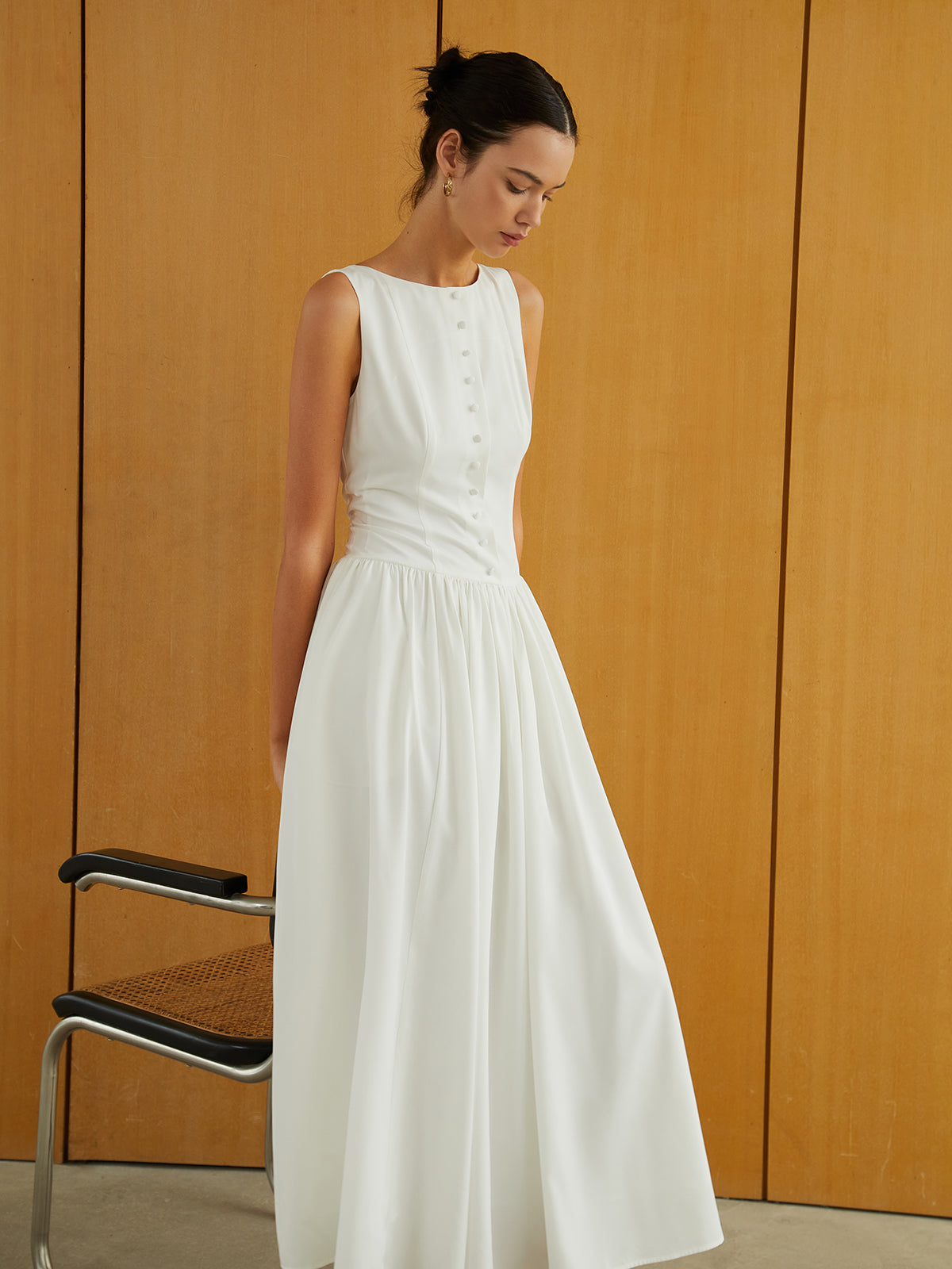 Ravys Button-Front Sleeveless Pockets Long Dress