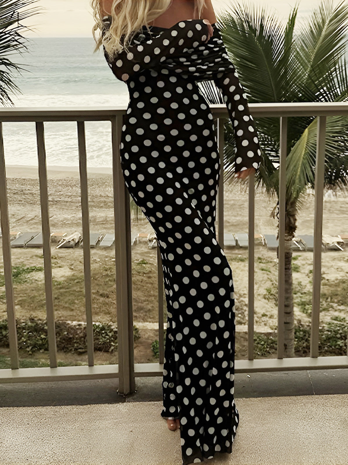 Taviel Long Sleeve Off-Shoulder Polka Dot Print Long Dress