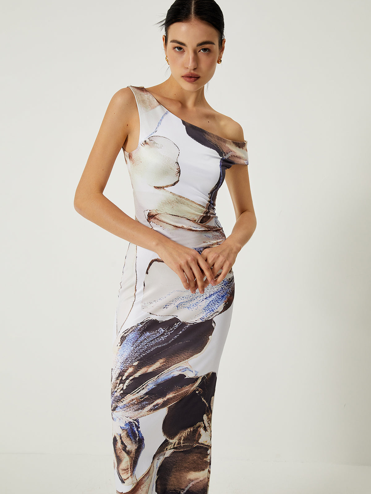 Caelvys Asymmetrisk Mönstrad Off-Shoulder Slim Lång Klänning
