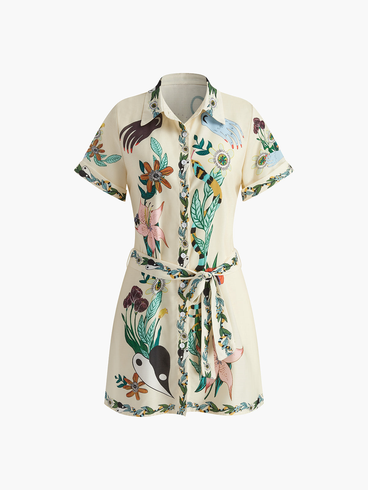 Shimmering Print Collared Belted Short Dress