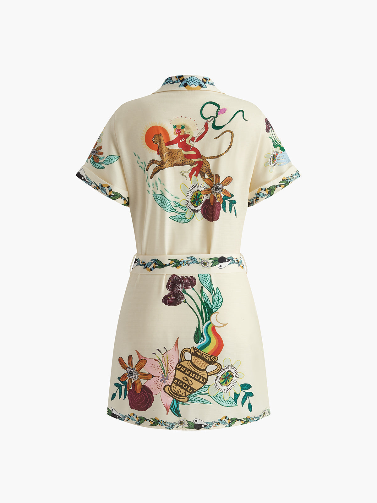 Shimmering Print Collared Belted Short Dress