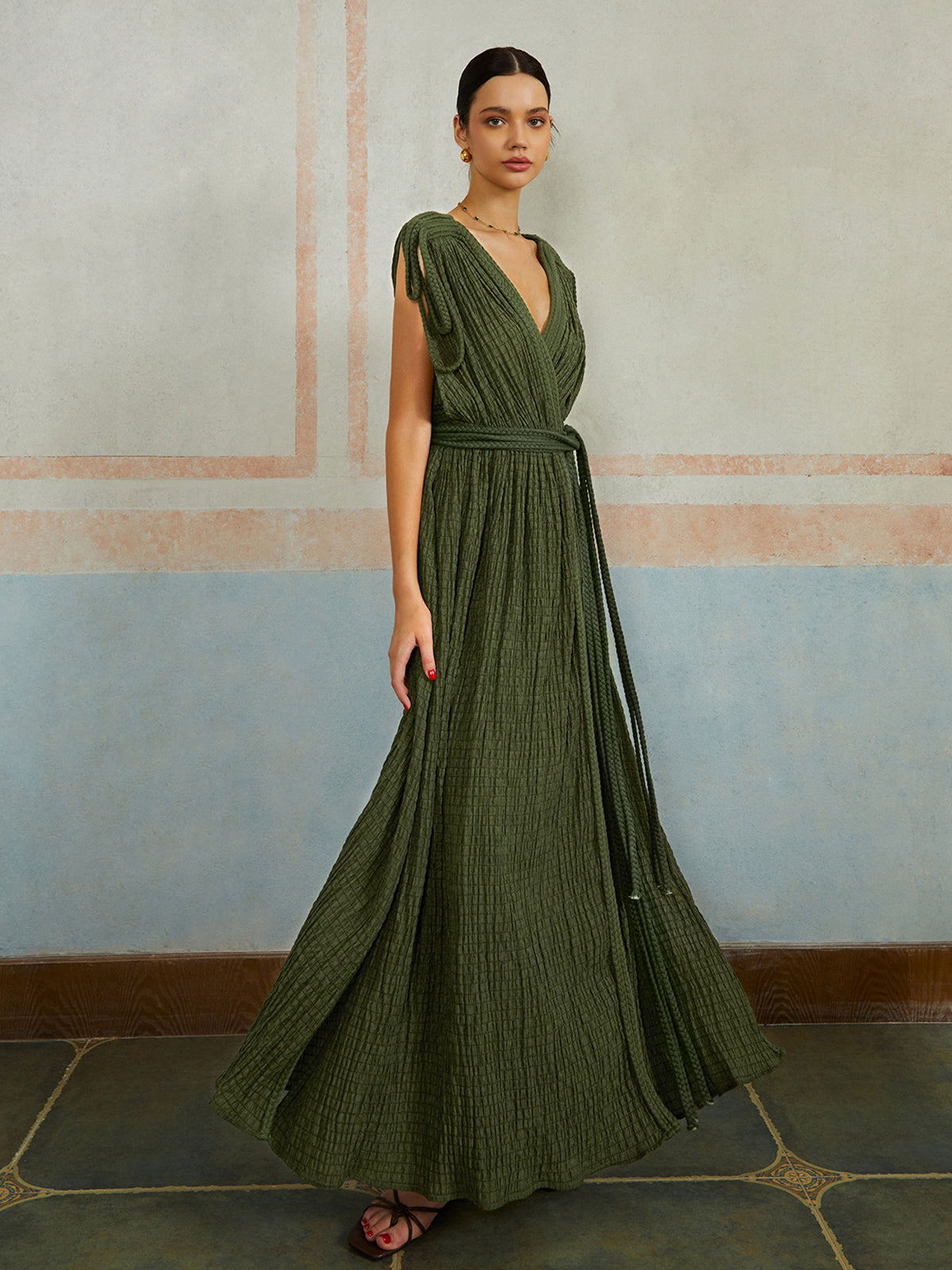 Radisilk – Lässiges, plissiertes, langes Kleid mit Gürtel