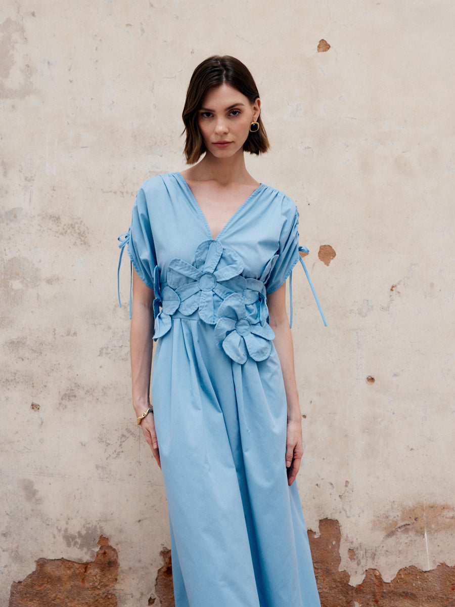 Reversilk – Langes Kleid mit Blumenmuster und Kordelzug und V-Ausschnitt