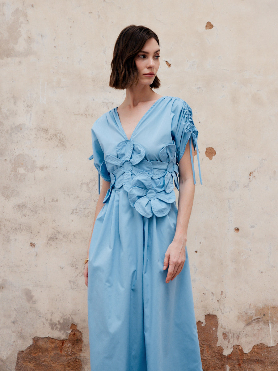 Reversilk – Langes Kleid mit Blumenmuster und Kordelzug und V-Ausschnitt