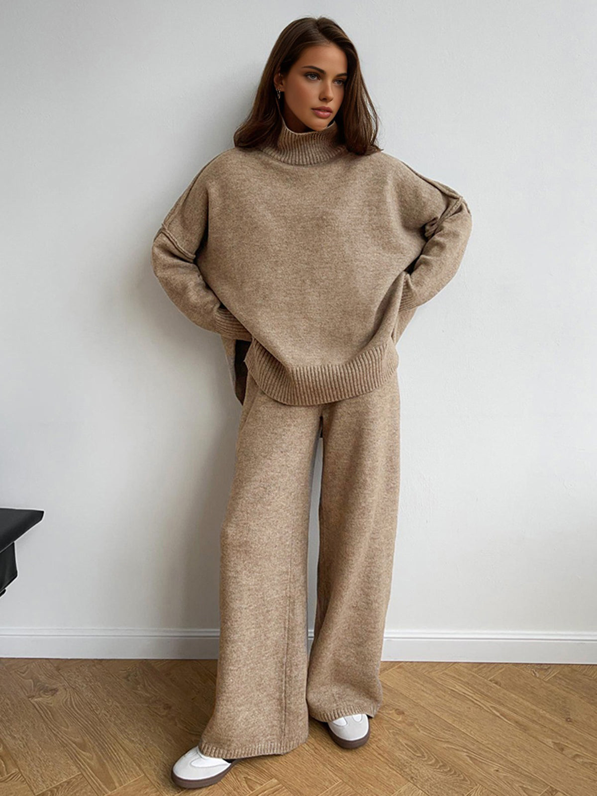 Women’s Knit Pants Set – Plain Turtleneck Sweater & Trousers