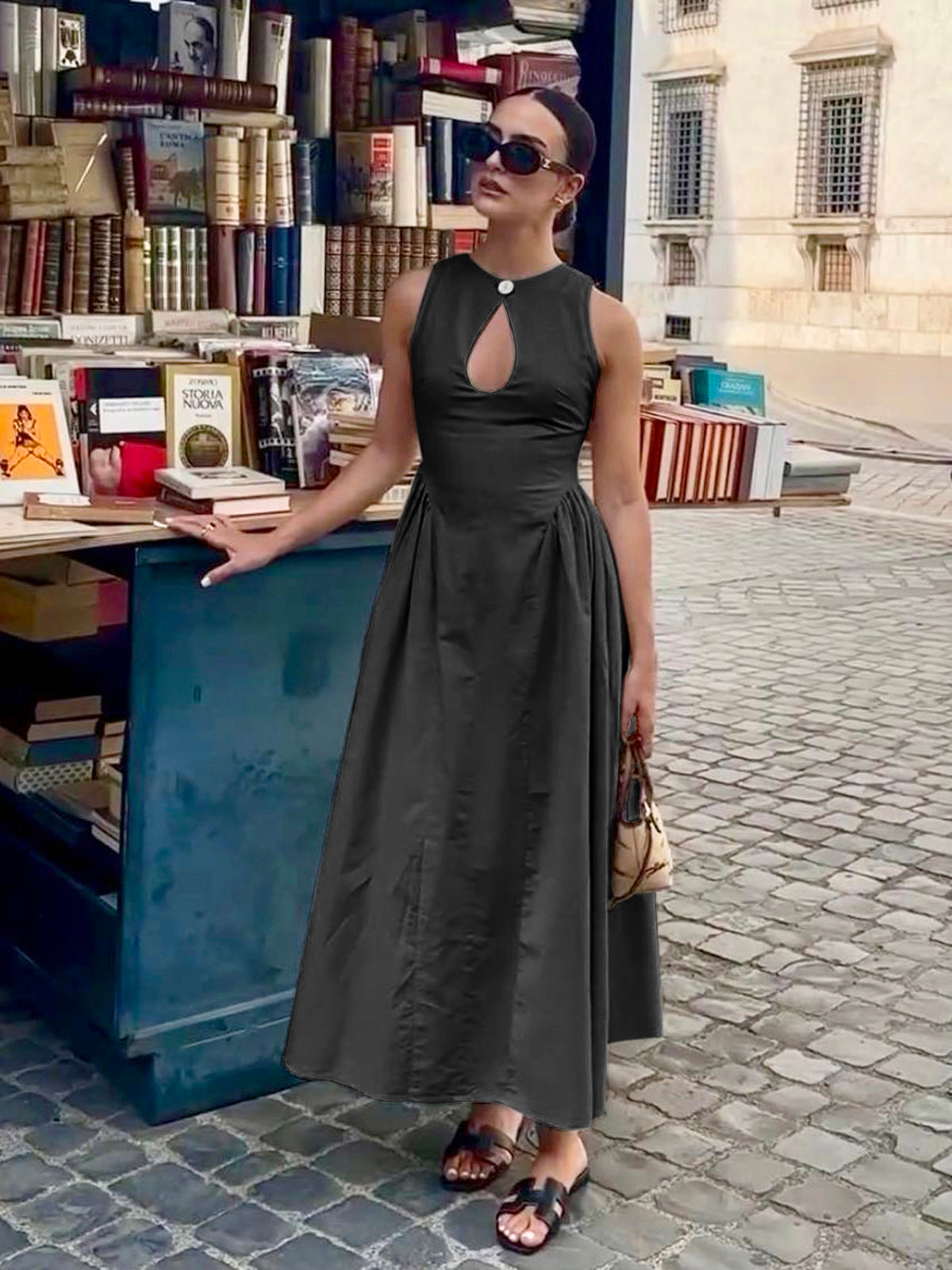 MirŽ Langes Kleid aus Baumwolle und Leinen mit plissiertem Ausschnitt