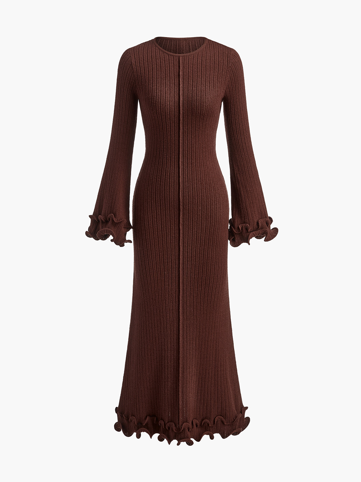 Keleth Semi-Sheer Piping Ruffle Drawstring Knit Dress