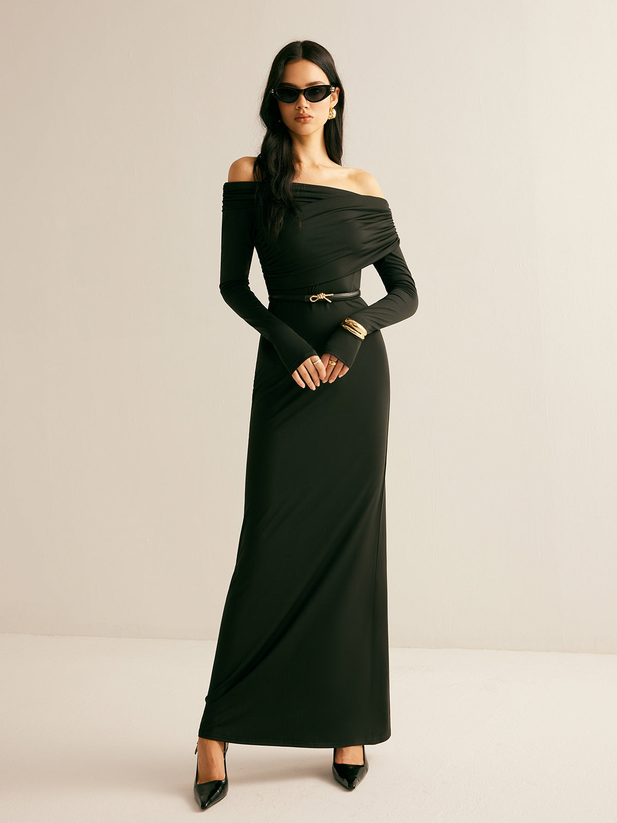 Luminsilk Modal Off-Shoulder-Rüschenkleid ohne Gürtel