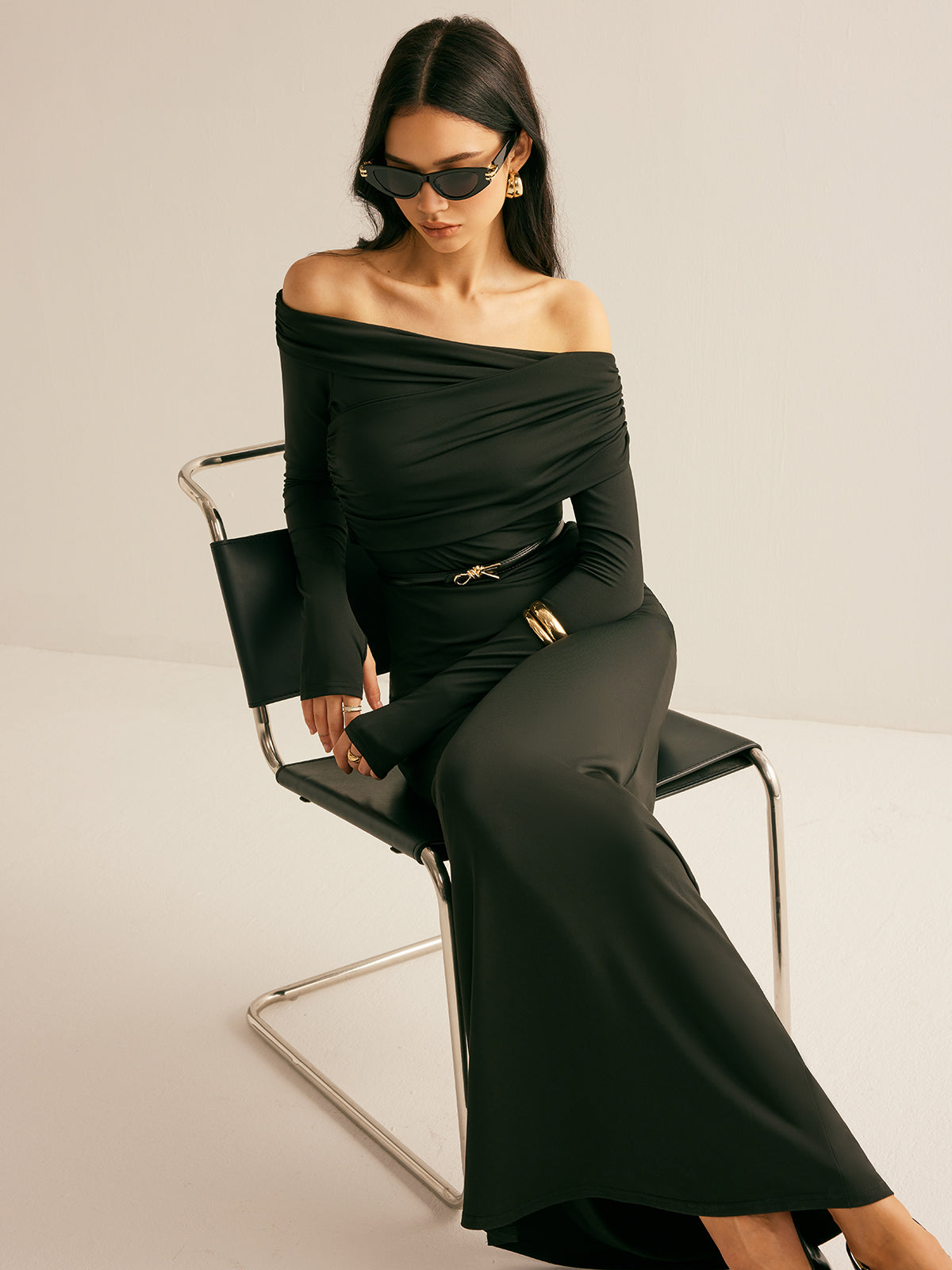 Luminsilk Modal Off-Shoulder-Rüschenkleid ohne Gürtel