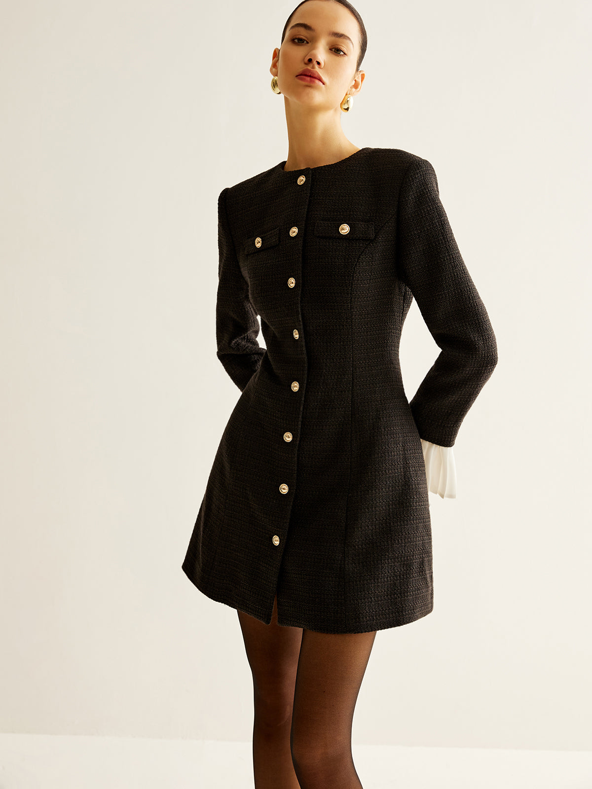 Mystspun Tweedkleid mit Plissee-Manschetten und Brustbesatz