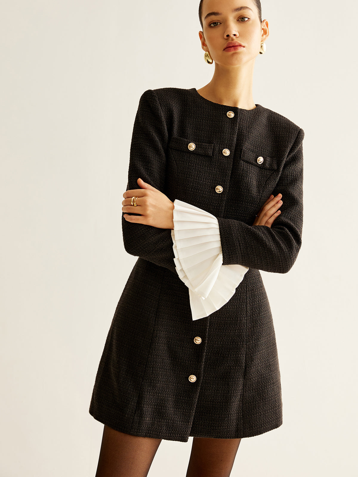 Mystspun Tweedkleid mit Plissee-Manschetten und Brustbesatz