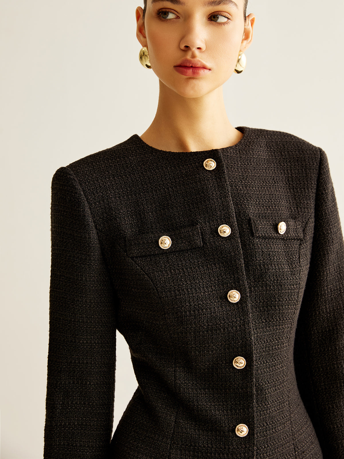 Mystspun Tweedkleid mit Plissee-Manschetten und Brustbesatz