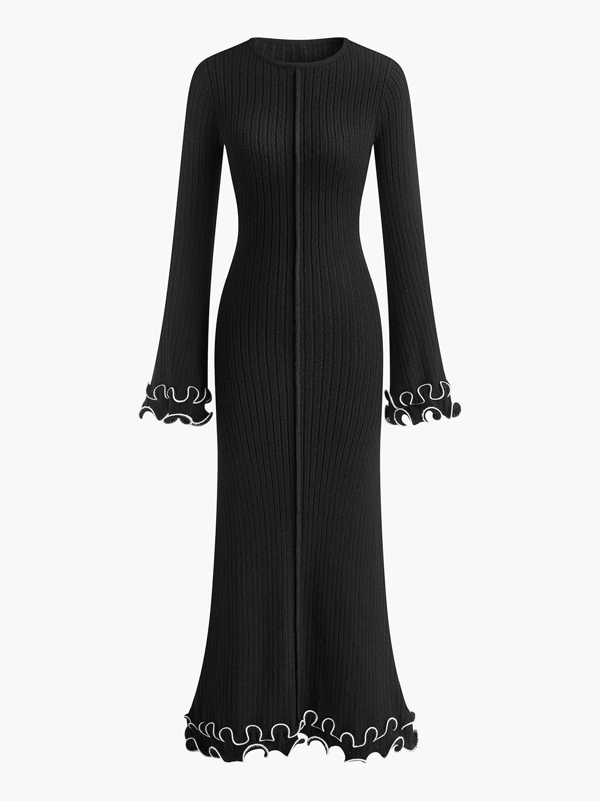 Keleth Semi-Sheer Piping Ruffle Drawstring Knit Dress