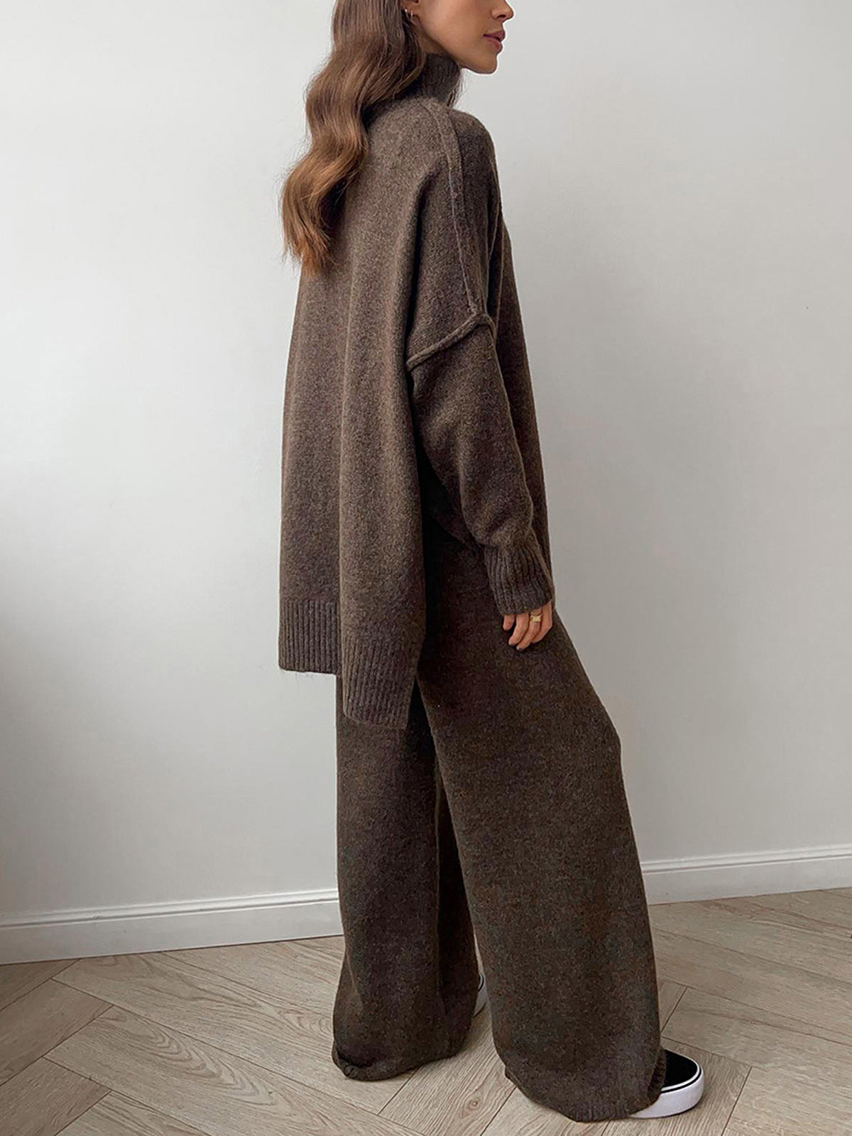 Women’s Knit Pants Set – Plain Turtleneck Sweater & Trousers
