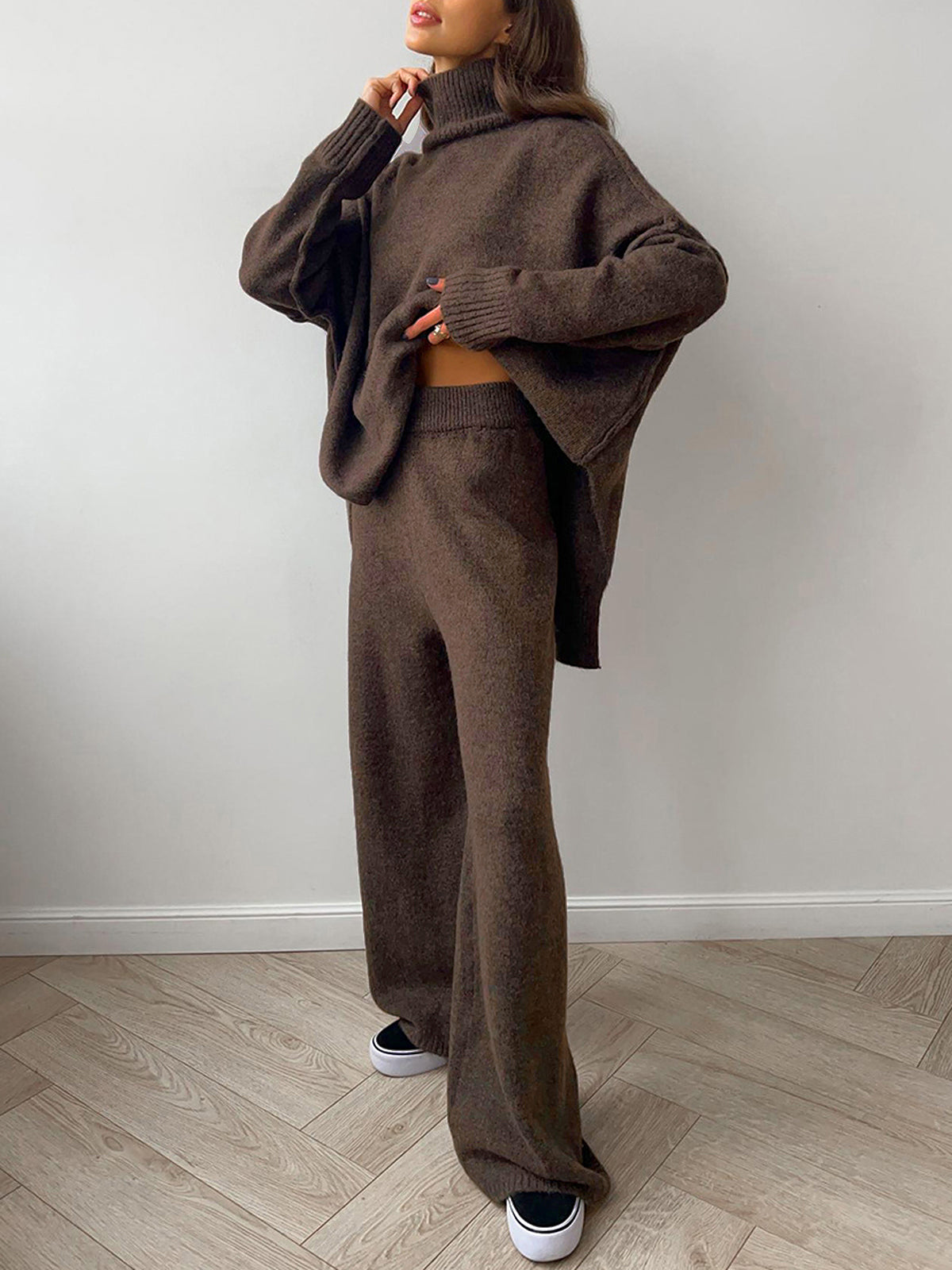 Women’s Knit Pants Set – Plain Turtleneck Sweater & Trousers