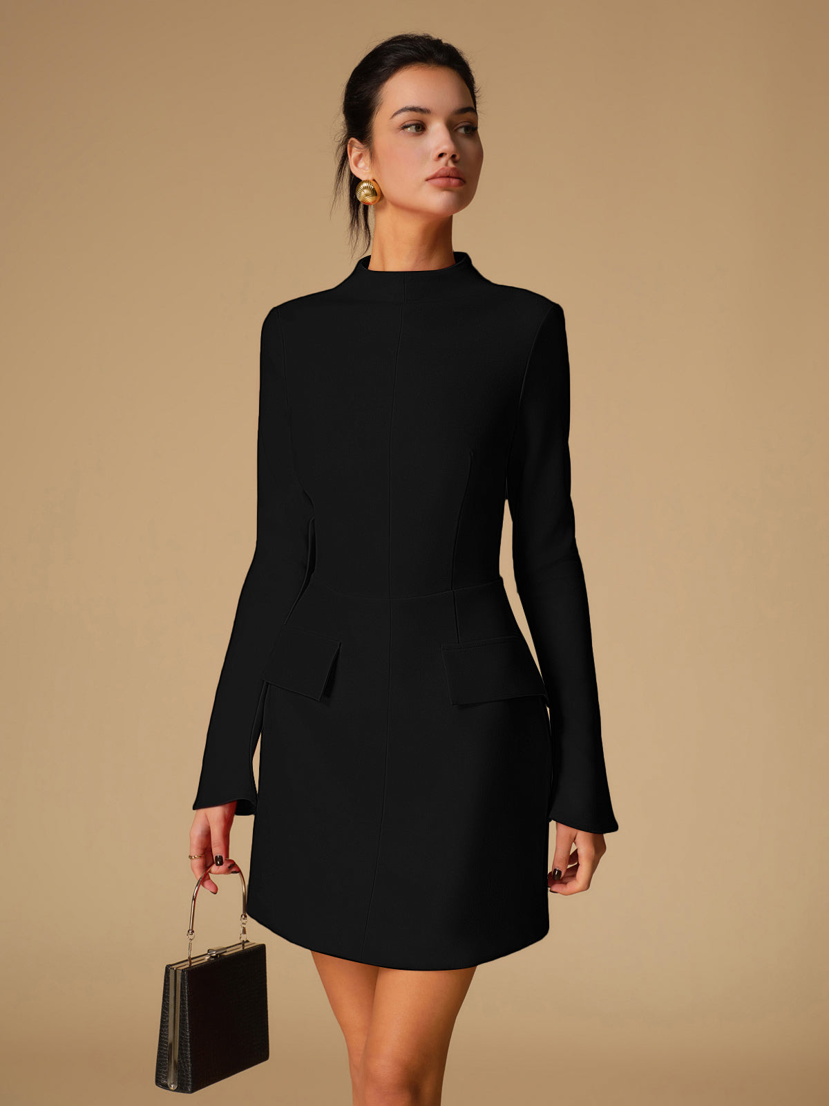 Thevine Minimalist Plain Mock Neck Dress