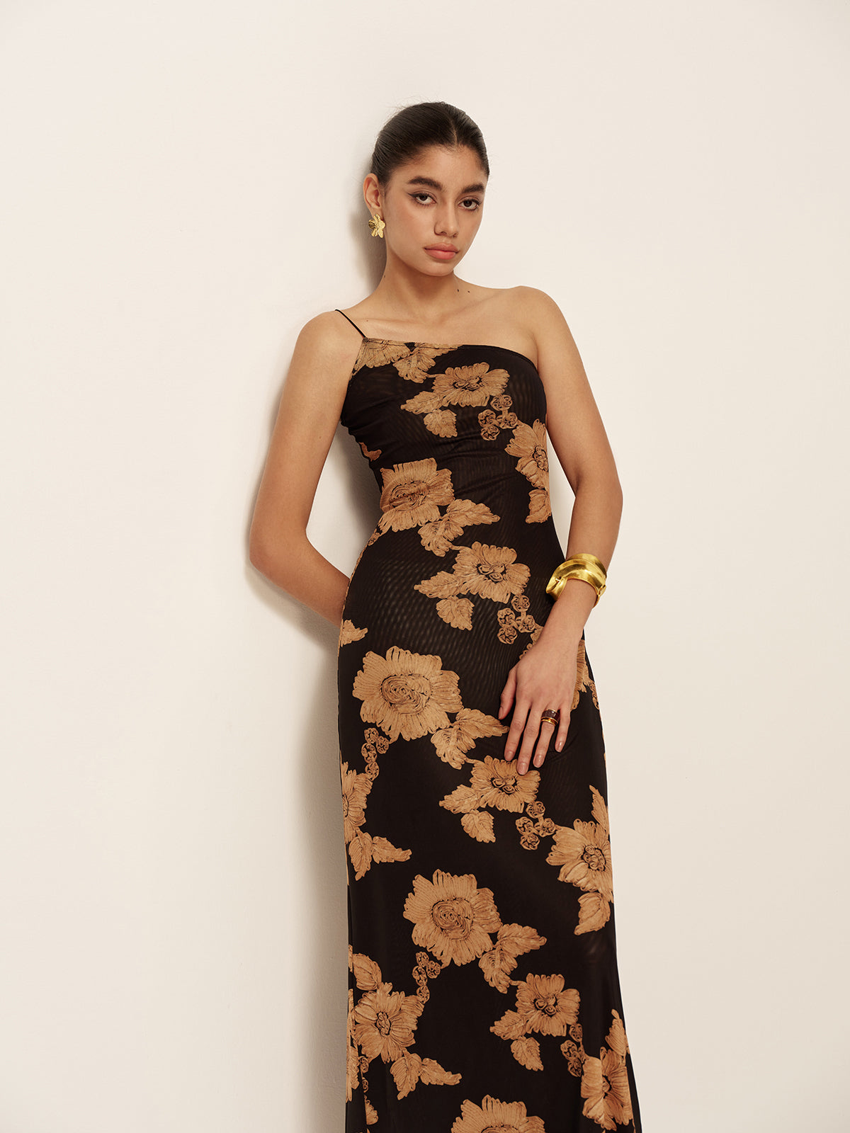 Reverglow – Asymmetrisches, bedrucktes Kleid mit kalter Schulter
