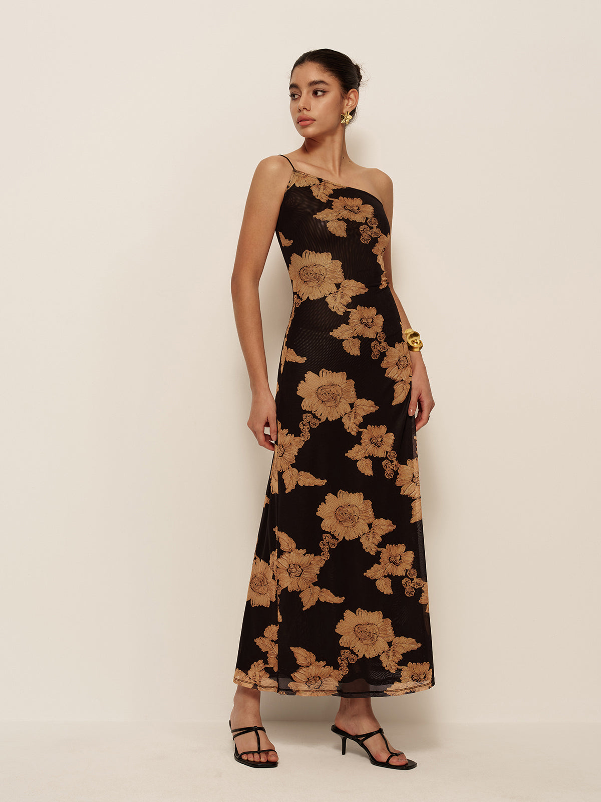 Reverglow – Asymmetrisches, bedrucktes Kleid mit kalter Schulter