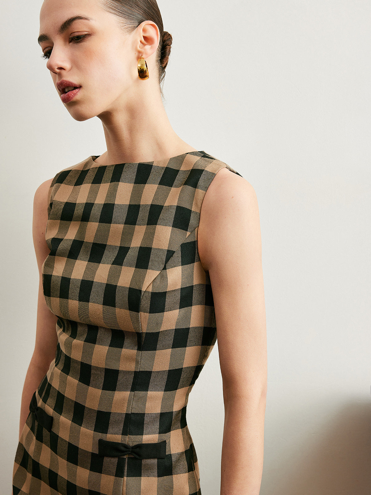 Gossamspun Vintage Kariertes ärmelloses Kleid mit Schleife