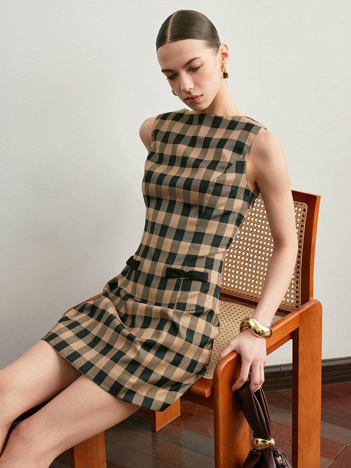 Gossamspun Vintage Kariertes ärmelloses Kleid mit Schleife