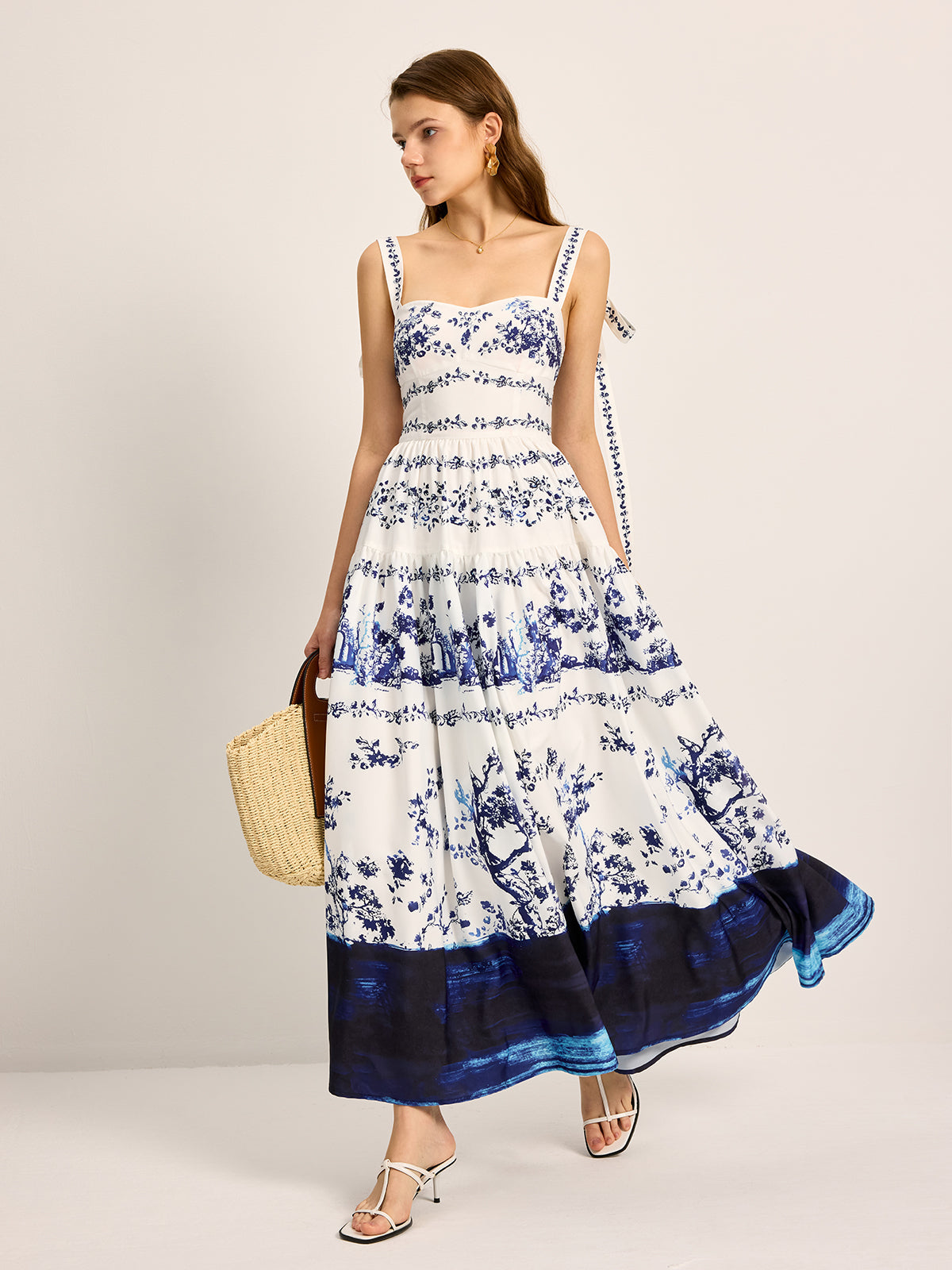 Solar Floral Print Tie-Strap Tiered Dress
